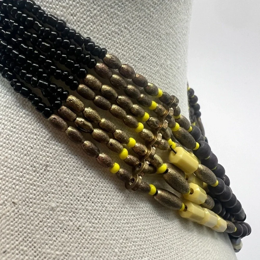 Vintage Boho Multi-Strand Necklace Yellow Black Natural Wood Seed‎ Beads Earthy